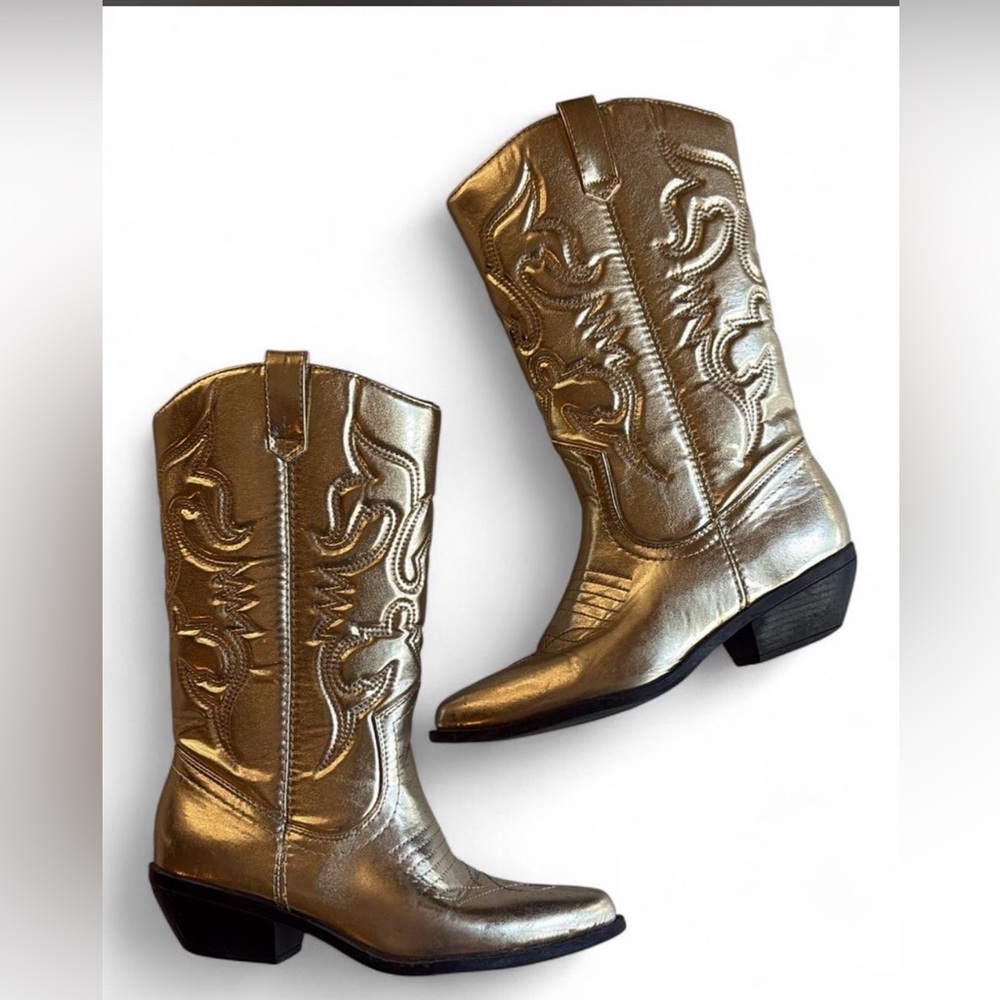 Soda Women Gold Metallic Cowgirl Western Stitched Boots